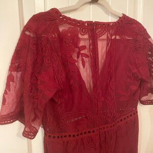 Eleter Wine Red Lace Maxi Dress / Romper Overlay – Deep V-Neck Boho Formal (L)
